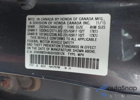 2016 Honda Cr-V Se из США, поврежденный, VIN 2HKRM3H46GH509124